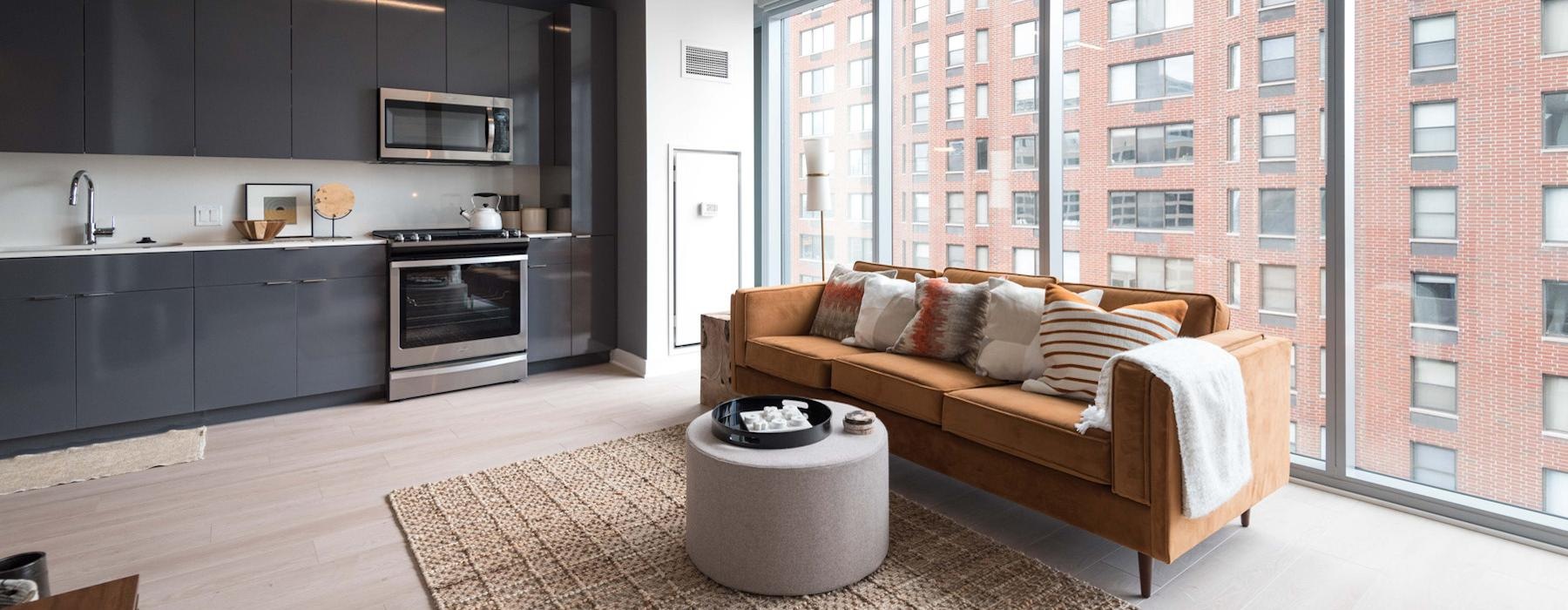 a room with a couch and a table